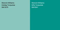 two green and white squares with the words shewin williams holiday turquiose sw 007