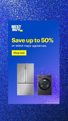 an advertisement for the best buy appliance, with blue glitter background and white text