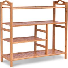 a wooden shelf with three shelves on each side