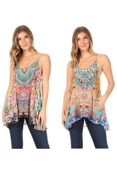 The perfect tank top for lounging and traveling, light, breezy and versatile! Key Product Features: -Printed, pullover -Boho and fashionable -Colorful and easy to wear Bohemian Tank Top With Adjustable Straps For Vacation, Bohemian Floral Print Camisole For Beach, Multicolor Vacation Tops With Built-in Bra, Summer Multicolor Tops With Built-in Bra, Summer Bohemian Camisole, Beach Printed Spaghetti Strap Camisole, Printed Spaghetti Strap Camisole For Beach, Bohemian Camisole With Adjustable Straps For Vacation, Bohemian Spring Camisole