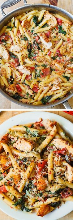 two pictures showing different types of pasta in pans