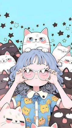 a girl with glasses surrounded by cats