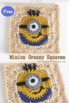 two crocheted squares with the words minion granny squares