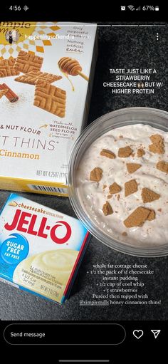 a bowl of cereal next to a box of jello