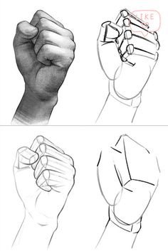 three different views of hands holding something in one hand and the other with their fingers up