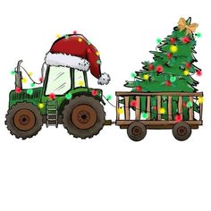 a tractor with a christmas tree in the back and lights on it's side