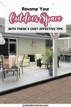 an outdoor space with chairs and tables on the deck is featured in this postcard