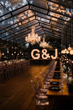 an indoor venue with chandeliers and tables set up for a wedding reception at night