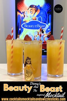 This image shows three orange gold colored drinks with golden rim and strawberry garnish with red striped straws with Disney's Belle from the Beauty and the Beast in front of them sitting in front of a Beauty and the Beast movie poster Disney Drinks Recipes, Beauty And The Beast Drinks, Beauty And The Beast Food Ideas, Princess Drinks, Mocktail Drinks, Movie Night Food