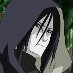 an anime character with long black hair wearing a hoodie and looking at the camera