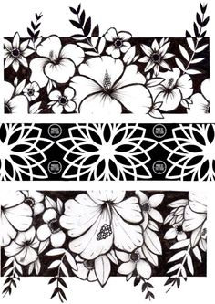 two black and white flowers with leaves on the sides, one is drawn in pencil