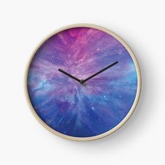 a clock with an image of the inside of it in blue and purple colors, on a white background