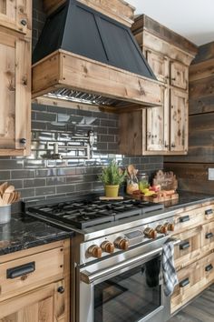 a stove top oven sitting inside of a kitchen next to wooden cabinets and counter tops