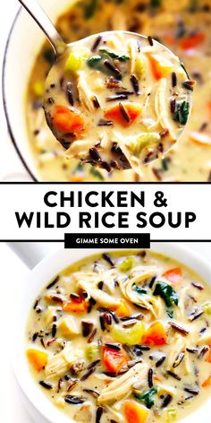 chicken and wild rice soup in a white bowl