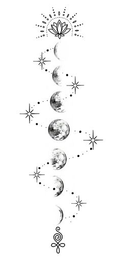 the phases of the moon and stars are shown in black ink on a white background