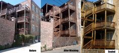 before and after shots of an apartment building with balconies on the second floor