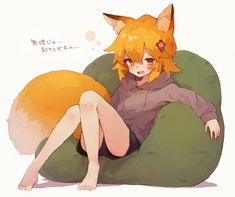 a woman sitting on top of a bean bag chair next to an orange and white cat