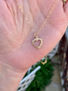 "Charming and dainty, 14K Gold Filled Fancy Heart Charm 11.2x14 mm, 14K yellow gold filled chain, 16\" & 18 inches chain length. Chain: 14K yellow gold filled flat cable chain (1.6x2.1mm)." Bloodstone Necklace, Chrysoprase Ring, Heart Necklaces, Heart Charm Necklace, Valentines Necklace, Charm Pendant Necklace, Valentine Heart, Gold Filled Chain, Fort Worth