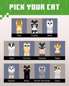 an image of some pixel characters in different colors and sizes, with the words pick your cat