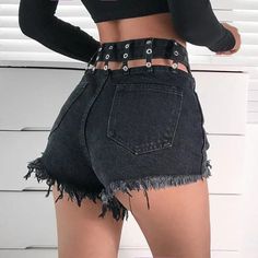 LOVEMI  Short gray / M Lovemi -  Old hairskin high waist cutout denim shorts Summer Shorts Denim, Rock Outfit, Ripped Shorts, Summer Denim, High Waisted Shorts Denim, Denim Shorts Women, Short En Jean, Wide Leg Denim, Rock Style