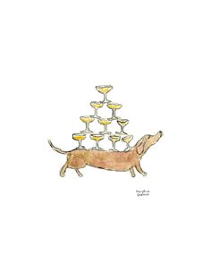 a drawing of a dog standing in front of a bunch of wine glasses that are stacked on top of each other