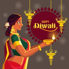 a woman holding a diya with the words happy diwal on it