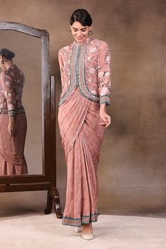 Buy Pink Silk Cowl Asymmetric Draped Tunic And Pant Set For Women by Rajdeep Ranawat Online at Aza Fashions. Sougat Paul, Peach Crepes, Peach Jacket, Placement Embroidery, Floral Print Jacket, Dhoti Pants