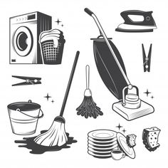 cleaning supplies and tools for the house black and white version eps10896