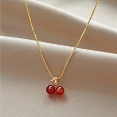 Brand New Beautiful Cherry Pendant And Gold Box Chain Perfect Spring/Summer Accessory Cherry Necklace Aesthetic, Gold Cherry Necklace, Elegant Red Necklace For Summer, Cherry Pendant, Tamaki Amajiki, Cherry Necklace, Spring Red, Pretty Jewelry Necklaces, Birthday Inspo