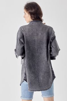 Relaxed fit, grey denim shirt. Soft and stretchy. - Length 29" | 1/2 Chest(1" below armhole) 22" in size S - Model Info: Height 5'7" | Waist 24" | Hips 35" Fabric Contents 69% Cotton, 27% Polyester, 3% Rayon, 1% SpandexS, M, L Baseball Hat Hairstyles, Grey Denim Shirt, Short Jean Skirt, Grey Denim, New Arrival Dress, Jean Skirt, Shirt Sale, Hat Hairstyles, Denim Shirt