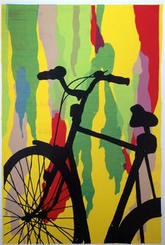 a painting of a bike in front of a multicolored background