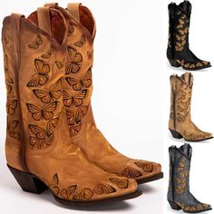 Boots Western, Butterfly Embroidery, Chunky Heels Boots, Grey Boots, Leather Cowboy Boots