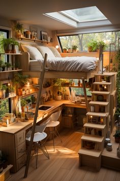 a loft bed with stairs leading up to it