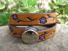 Hand Painted Tooled Leather Double Bracelet, Choker, Hair Twist - Stemmed Flowers Adjustable Hand Painted Bracelets For Gift, Adjustable Stamped Flower Jewelry, Adjustable Hand Painted Leather Bracelet Gift, Adjustable Hand Painted Brown Jewelry, Brown Adjustable Flower Bracelet, Adjustable Hand Painted Leather Bracelet, Brown Double Band Leather Bracelets, Western Style Turquoise Bracelet, Hand Tooled, Leather Bracelet For Women