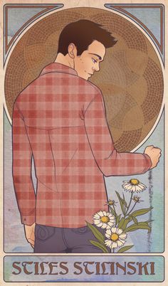 a man holding a bouquet of daisies in his right hand and looking down at the ground