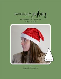 a woman wearing a santa hat with the words patterns by jenny on it's side