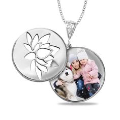 Show what your loved ones mean to you with this personalized floral disc pendant. Fashioned in sterling silver, this lovely style features a photo of your choice- expertly transferred using modern technology - beneath a sculpted lotus flower swivel disc. All photo pieces are scratch resistant, 100% waterproof, and are available in high resolution color or black and white. Further customize the look with up to two lines of text - each up to 20 characters in length - inscribed along the backside. Engraved Jewelry As Gift For Mom, Engraved Round Disc Jewelry Gift For Mom, Elegant Round Locket Necklace For Mother's Day, Silver Medallion Jewelry As Gift For Mom, Silver Medallion Necklace As Gift For Mom, Silver Medallion Jewelry Gift For Mom, Elegant Locket Necklace For Mom With Round Pendant, Elegant Round Pendant Locket Necklace For Mom, Elegant Engraved Locket Necklace For Mom