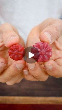 two hands holding small pieces of fruit in front of the camera, and one hand is holding a piece of fruit