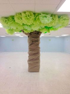 a paper bag wrapped around a tree in an empty room