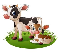 a baby cow standing next to an adult cow on a green grass covered field illustration