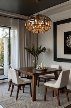 a dining room table with chairs and a chandelier hanging from it's ceiling