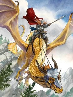 a painting of a woman riding on the back of a dragon