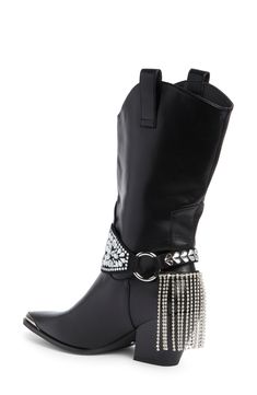 Rhinestone fringe lends extra sparkle and shake to this tall boot with plenty of Western flair from the pointy toe to the curved opening. Synthetic upper, lining and sole Imported Asian & Pacific Islander Owned/Founded Vuarnet Sunglasses, Herschel Backpack, Western Booties, Pirate Costume, Designer Crossbody Bags, Flip Flop Slippers, Sandals Brands, Sweaters And Leggings, Tall Boots