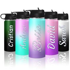 four different colored water bottles with the words custom written on them in white and black