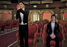 two animated men in formal wear sitting on red chairs and one is holding his hand up to his face