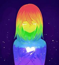 a girl with rainbow hair holding a heart in her hands and looking at the sky