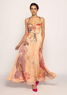 Saaksha & Kinni-Peach Pleated Maxi Dress-INDIASPOPUP.COM Corset Style Dresses, Bandhani Print, Elegant Summer Dresses, Asian Designers, Peach Fuzz, Pleated Maxi Dress, Pleated Maxi, Corset Style, Xl Dress