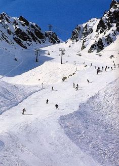 skiers and snowboarders skiing down a snowy mountain