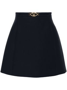 Valentino Ready To Wear navy blue virgin wool textured finish gold-tone logo plaque VLogo Signature high-waisted concealed rear zip fastening A-line straight hem thigh-length silk lining Valentino Outfit, Luxury Skirt, Valentino Skirt, Valentino Ready To Wear, Classy Skirts, Valentino Clothing, City Dress, Lady Dior