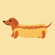 a brown dog with a long hotdog on it's side, standing in front of a yellow background